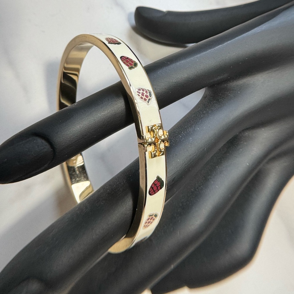 Tory Burch Kira Enamel Hinge Bracelet Gold Tone Raspberry Motif M